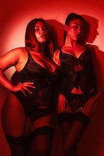 Load image into Gallery viewer, Hustler - Fabrice Black Lace And Mesh High Apex Basque With Bow Tie Black