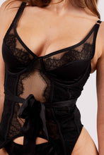 Load image into Gallery viewer, Hustler - Fabrice Black Lace And Mesh High Apex Basque With Bow Tie Black