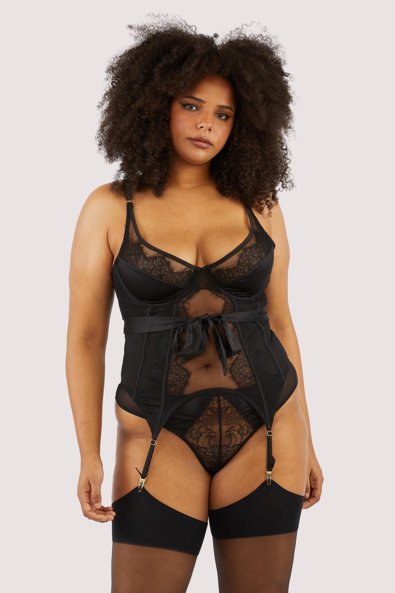 Hustler - Fabrice Black Lace And Mesh High Apex Basque With Bow Tie Bl –  Fiercewith Love